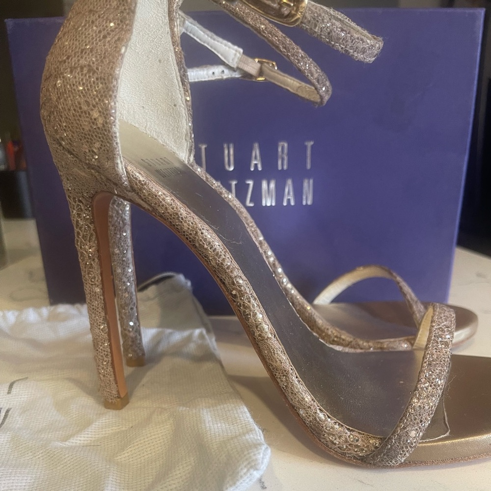 Stuart Weitzman Nude Quartz Glitter Ankle Strap Heels - Size 10.5